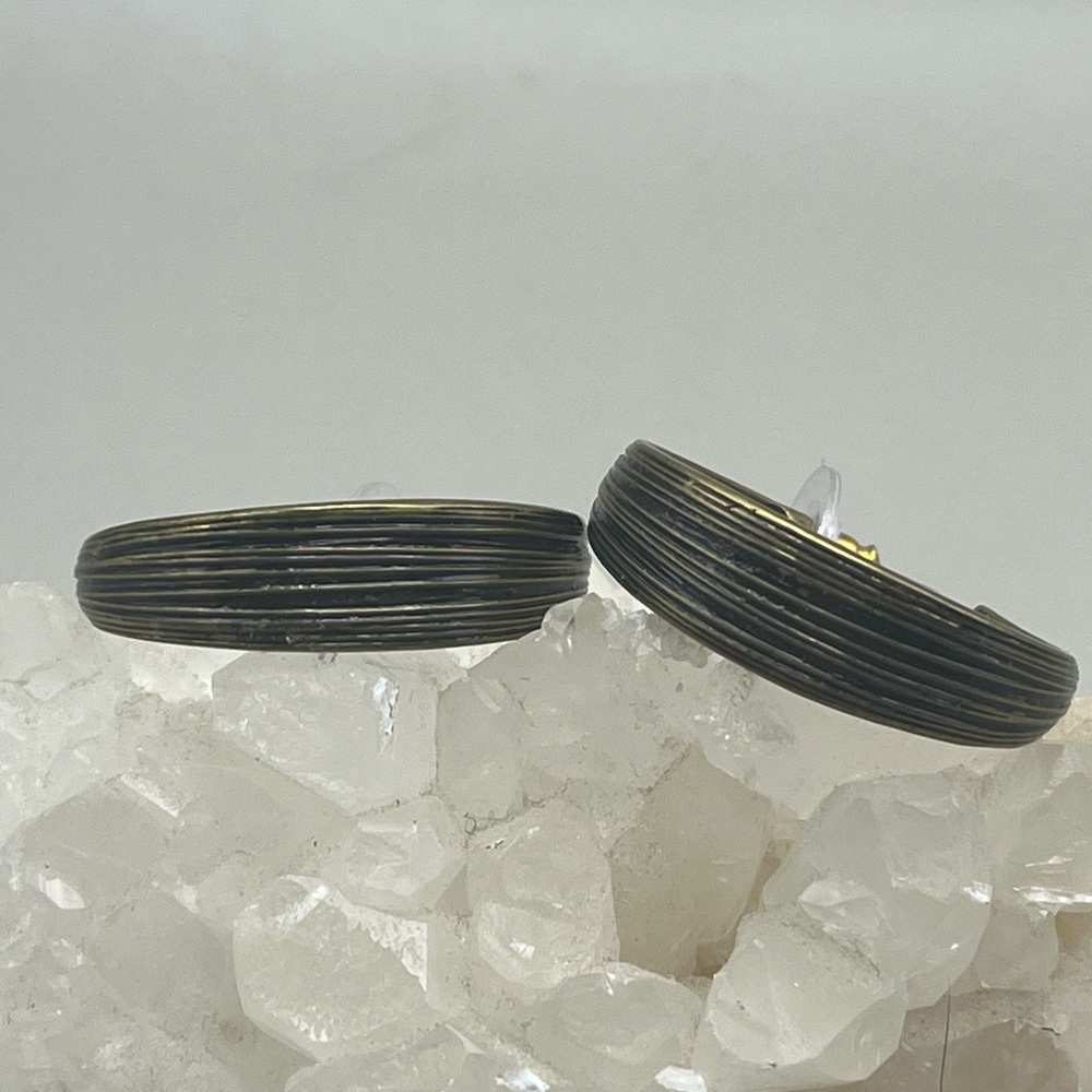 Elegant Textured Hoop Earrings -Luxe Brass Black Striped Statement Jewelry - Picture 2 of 4